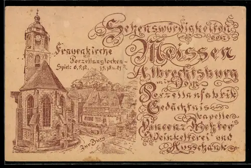 Künstler-AK Meissen, Albrechtsburg mit Dom, Porzellanfabrik, Gedächtniskapelle, Frauenkirche mit Porzellanglocken