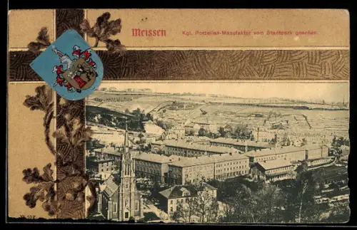 Grusskarten-AK Meissen, Königliche Porzellan-Manufaktur vom Stadtpark gesehen, Wappen