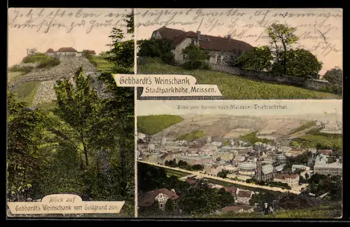 AK Meissen, Gasthaus, Gebhardt`s Weinschank auf der Stadtparkhöhe, Blick vom Garten nach Meissen-Triebischthal
