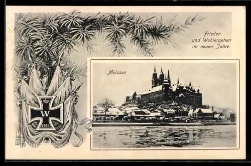 Grusskarten-AK Meissen, Albrechtsburg im Winter, Tannenzweig mit Orden