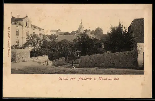 AK Zscheila b. Meissen, Ortspartie mit Kirche