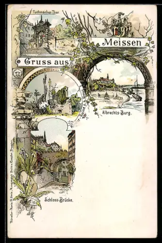 Lithographie Meissen, Albrechts-Burg, Schloss-Brücke, Tuchmacher-Tor