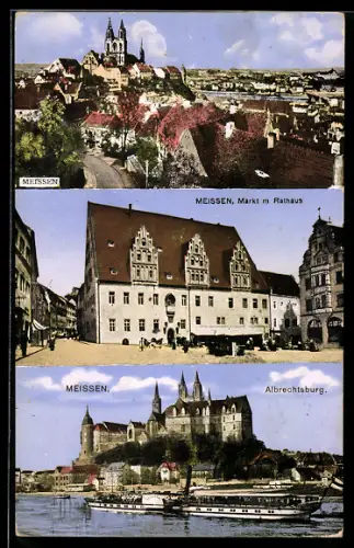 AK Meissen, Teilansicht mit Dom, Markt mit Rathaus, Albrechtsburg