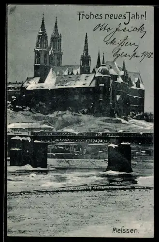 AK Meissen, Albrechtsburg im Schnee, Neujahrsgruss