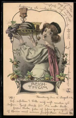 AK Dame mit Tablett voller Speisen, Allegorie Reichthum