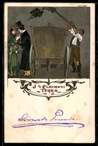 Lithographie Mann schaufelt Mist auf ein Paar