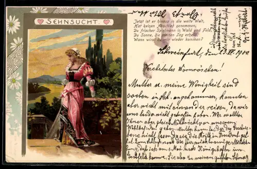 Lithographie Dame lehnt im Garten an einer Mauer, Allegorie Sehnsucht