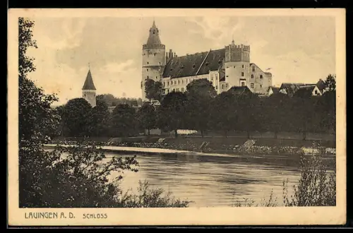 AK Lauingen a. D., Uferpartie mit Schloss