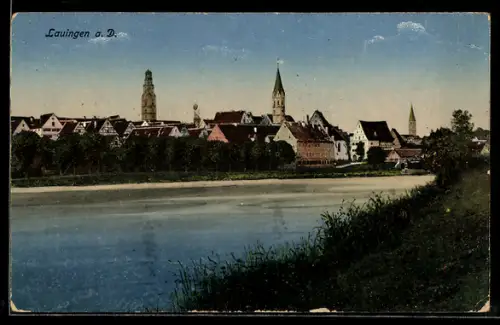AK Lauingen a. D., Uferpartie mit Turm