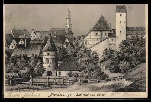 Künstler-AK Alt-Lauingen, Teilansicht mit Kirche von Osten