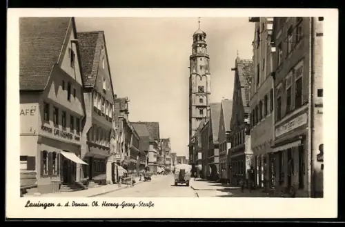 AK Lauingen a. d. Donau, Herzog-Georg-Strasse mit Kirche