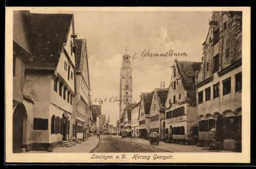 AK Lauingen a. D., Herzog-Georg-Strasse mit Kirche