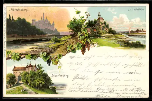 Lithographie Meissen, Albrechtsburg, Hirschstein, Scharfenberg