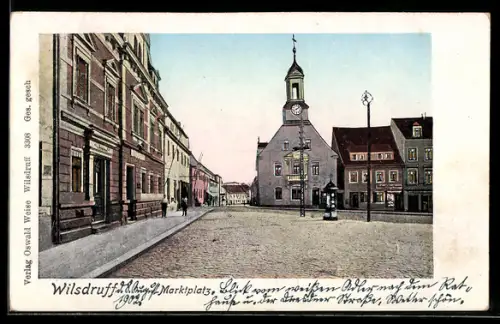 Goldfenster-AK Wilsdruff, Marktplatz mit Rathaus
