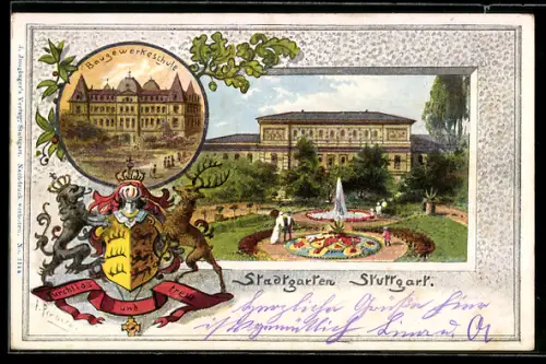 Passepartout-Lithographie Stuttgart, Baugewerkeschule, Stadtgarten, Wappen