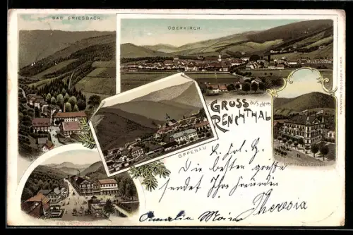 Lithographie Oppenau im Renchthal, Teilansicht, Bad Freyersbach, Bad Petersthal