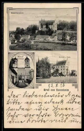 AK Haunsheim, Gesamtansicht, Schloss-Park, Einfahrt zum Schloss
