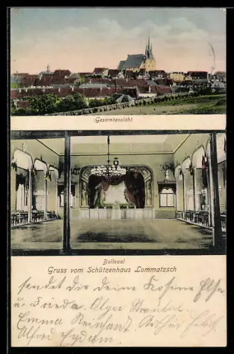 AK Lommatzsch, Gasthaus Schützenhaus, Ballsaal, Innenansicht, Ortsansicht