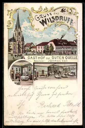 Lithographie Wilsdruff, Gasthof zur guten Quelle, Bes. Johann Kny, Aussenansicht, Marktplatz mit Kirche