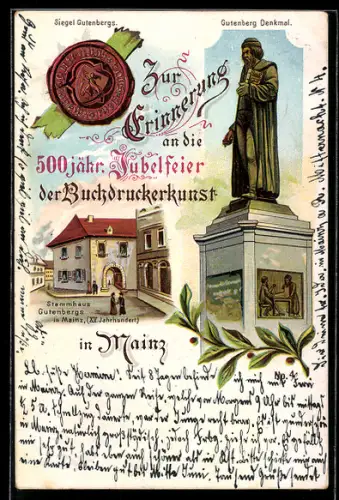 Lithographie Mainz, 500 jähr. Jubelfeier der Druckerkunst, Gutenberg-Denkmal, Stammhaus Gutenbergs