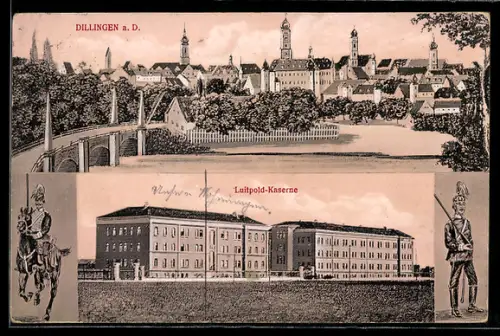 AK Dillingen a. D., Generalansicht mit den Kirchtürmen, die Luitpold-Kaserne