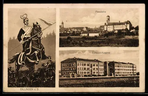 AK Dillingen a. D., Panorama, Luitpold-Kaserne und Soldat zu Pferde