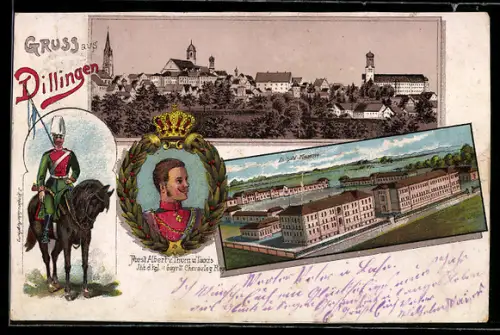 Lithographie Dillingen, Totalansicht mit Luitpold-Kaserne und Fürst Albert von Thurn und Taxis