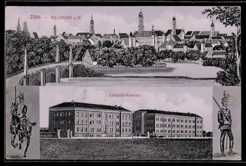 AK Dillingen a. D., Generalansicht mit den Kirchtürmen, die Luitpold-Kaserne