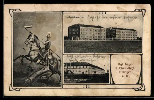 AK Dillingen, Kasernement des königlichen II. Chev. Regts. Taxis, Ortspartie, Soldat zu Pferde
