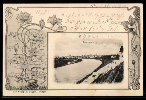 Grusskarten-AK Lauingen, Panorama mit Fluss