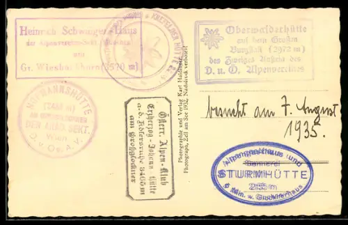 AK Hüttenstempel Oberwalderhütte auf dem Grossen Burgstall, Sturmhütte, Heinrich Schwaiger-Haus, Erzherzog Johann-Hütte