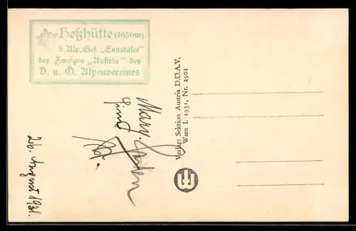 AK Hüttenstempel Hesshütte, Berghütte d. Alp. Ges. Ennstaler des Zweiges Austria des D. u. Ö. Alpenvereines