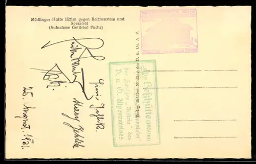AK Hüttenstempel Mödlingerhütte am Admonter Reichenstein, Hesshütte des Zweiges Austria des D. u. Ö. Alpenvereines