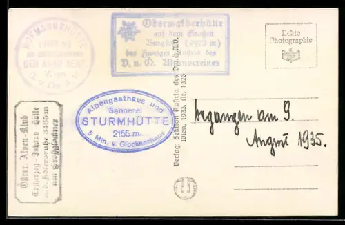 AK Hüttenstempel Oberwalderhütte auf dem Grossen Burgstall, Hofmannshütte am Grossglockner, Erzherzog Johann-Hütte
