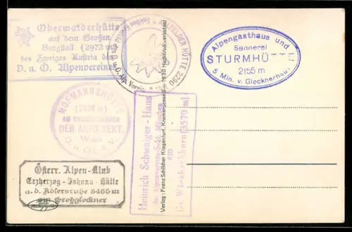 AK Hüttenstempel Hofmannshütte am Grossglockner, Oberwalderhütte auf dem Grossen Burgstall, Heinrich Schwaiger-Haus