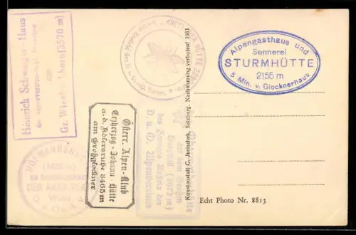 AK Hüttenstempel Heinrich Schwaiger-Haus am Gr. Wiesbachhorn, Hofmannshütte am Grossglockner, Sturmhütte