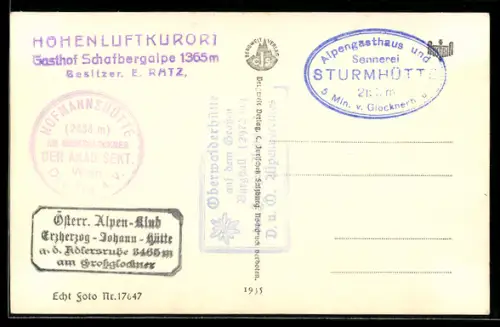 AK Hüttenstempel Erzherzog-Johann-Hütte a. d. Adlersruhe, Hofmannshütte, Oberwalderhütte auf dem Grossen Burgstall