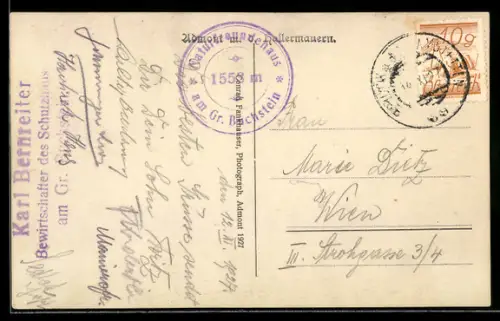 AK Hüttenstempel Naturfreundehaus am Gr. Buchstein, Bewirtschafter Karl Bernreiter
