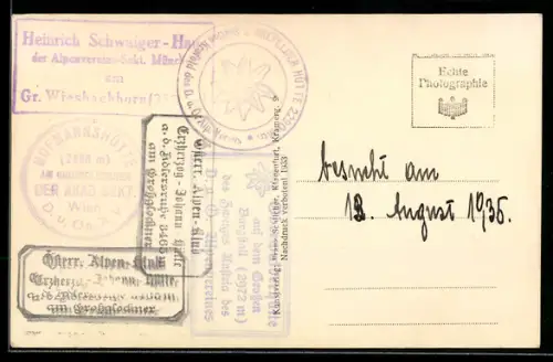 AK Hüttenstempel Heinrich Schwaiger-Haus am Gr. Wiesbachhorn, Hofmannshütte am Grossglockner, Krefelder Hütte