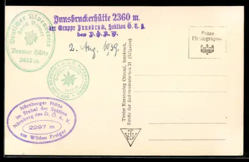 AK Hüttenstempel Innsbruckerhütte, Deutscher Alpenverein, Nürnberger Hütte am Wilden Freiger