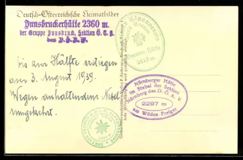 AK Hüttenstempel Innsbruckerhütte, Bremer Hütte, Nürnberger Hütte am Wilden Freiger