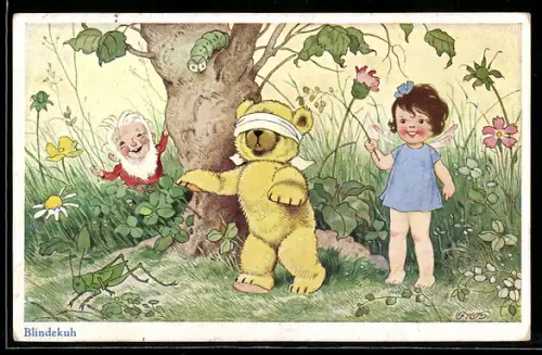 Künstler-AK Fritz Baumgarten: Blindekuh, Fee, Teddy und Wichtel