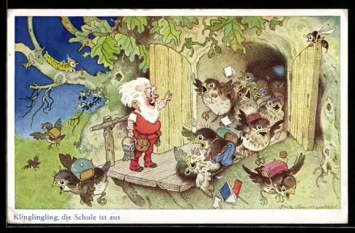 Künstler-AK F.Baumgarten: Klinglingling, die Schule ist aus, Küken verlassen den Baum
