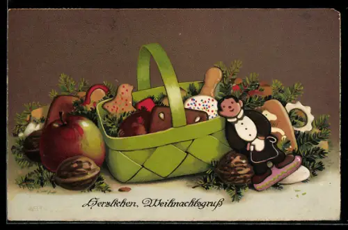AK Korb mit Lebkuchen, Walnüssen und Apfel, Herzlichen Weihnachtsgruss