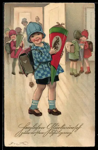 Künstler-AK F.Baumgarten: Erster Schulgang, Kinder mit Tornister und Schultüte