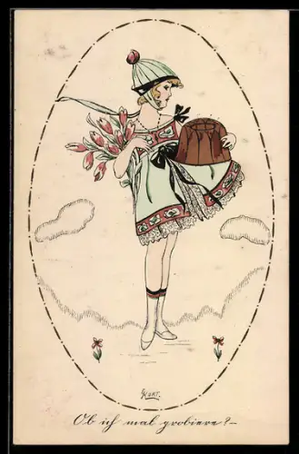 Künstler-AK Erna Maison-Kurt: Mädchen mit Kuchen und Blumenstrauss