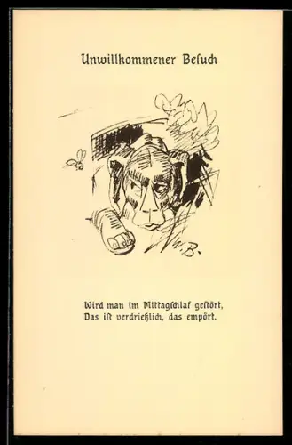 Künstler-AK Wilhelm Busch: Unwillkommener Besuch, Hund wir aus dem Mittagsschlaf geweckt