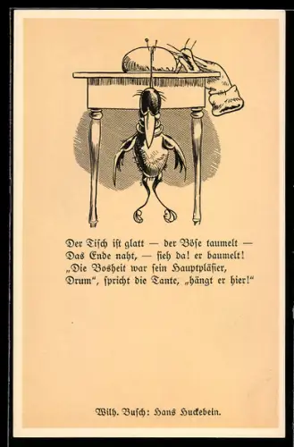 Künstler-AK Wilhelm Busch: Hans Huckebein, Karte Nr. 12, Der Tisch ist glatt, der Böse taumelt...