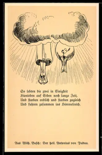 Künstler-AK Wilhelm Busch: Der heilige Antonius aus Padua, Liebespaar fährt ins Himmelreich