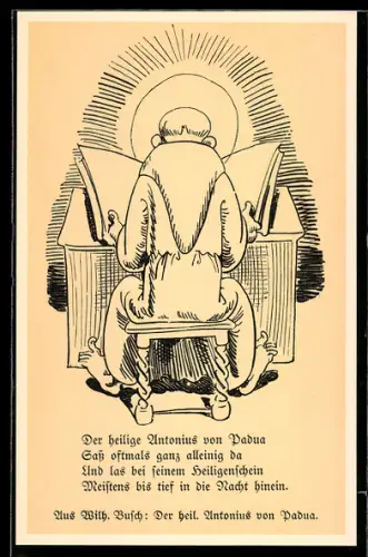 Künstler-AK Wilhelm Busch: Der heilige Antonius von Padua sass oftmals ganz alleine da...